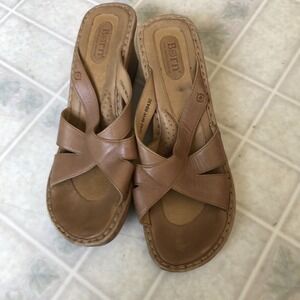 Born Sandals Womens Size 10 Light Tan Leather Wedges Criss Cross Straps Slip On